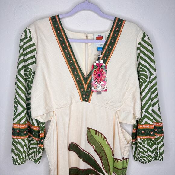 NWT Anthropologie Farm Rio Palm Tree V Neck Puff Sleeve Cut Out Waist Midi Dress - Picture 4 of 15